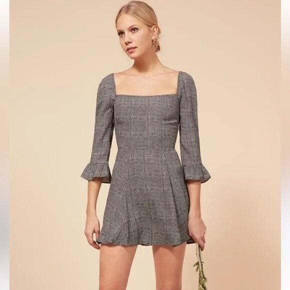 Reformation black white houndstooth Julien mini dress - Picture 1 of 6